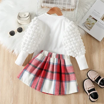 Toddler Girl 2 dalių apranga marškiniai ilgomis rankovėmis ir pledinis A linijos sijono komplektas mažylio rudens drabužiams