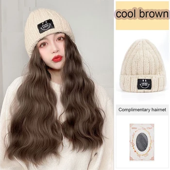 Long Straight Hat Wig Natural Brown Wigs Connect Synthetic Synthetic Knitted Hat Hair Wig Hat Wig Reguliuojamas moterims