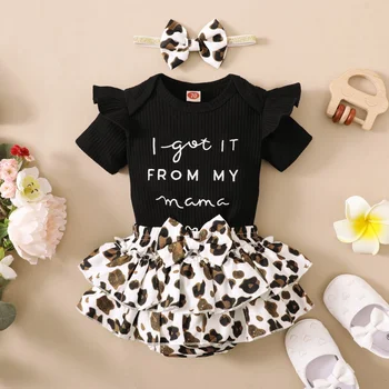 3PCS Drabužių komplektas Mažylio mergaitės marškiniai trumpomis rankovėmis+leopardo rašto sijonas+galvos apdangalas Laisvalaikio apranga Gražūs drabužiai 0-18 mėnesių kūdikiui