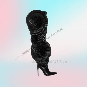 Juodas trimitas Gėlių dizainas Smailūs kojų batai Šone Užtrauktukas Moteriški batai Ploni aukštakulniai Mados pokylis 2023 Zapatos Para Mujere