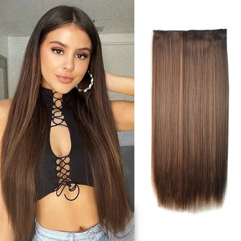 Synthetic 5 Clip One Piece Hair Extension 24inch Long Straight Full Head Fake Hair Piece for Women Natural Brown Blonde Hair