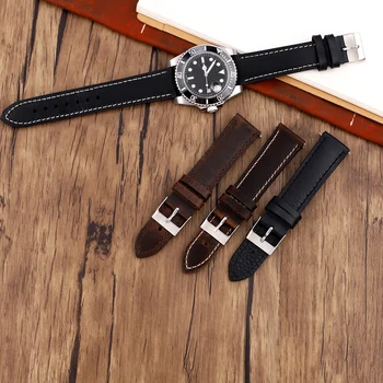 Vintage Oil Wax Watch Band Dirželis Juoda ruda natūralios odos laikrodžio juosta 16 17 18 19 20 21 22 23 24mm Diržinių laikrodžių priedai