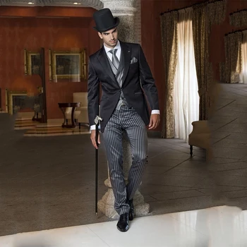 Fashion Black Pinstripe Suit Mens Formal Business Blazer Party Wedding Groom Tuxedo Slim Fit 3 dalių švarko kelnės Kostiumas Homme