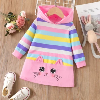 PatPat Toddler Girl Sweet Cat Animal Design Stripe su gobtuvu ilgomis rankovėmis suknelė, puikiai tinkanti išvykoms ir kasdieniam dėvėjimui Pagrindinis stilius