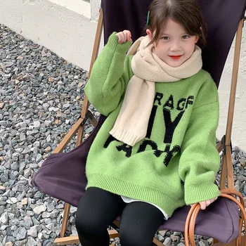 Mergaičių megztinio vilnos paltas Trikotažas 2022 Žalia Sutirštinti Šilta Žiema Rudens medvilnė Megztiniai Vaikiški drabužiai