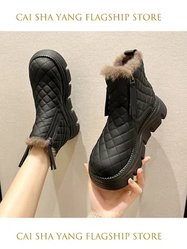 Žieminiai batai su kailiniais batais Plokščiakulniai batai-Moteriški užtrauktukai Australija Apvalus pirštas Pliušas 2023 Guminis sniegas Ponios Med Audinys Roma PU So
