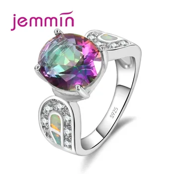 Charm 925 Sterling Silver Wedding Rainbow White Opal Rings Fine Jewelry Cubic Zirconia Engagement Proposal Ring for Women