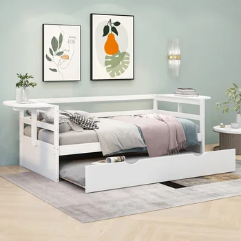 Dviejų dydžių dieninė lova su trundle ir sulankstomomis lentynomis iš abiejų pusių, balta