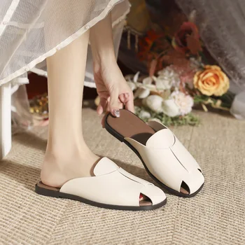 Vasaros elegantiškas kvadratas Uždaras pirštas Plokščios šlepetės Moteriški batai Laisvalaikio odiniai abrikosų skaidrės