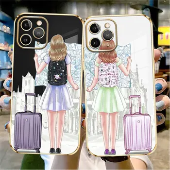Plating Square Phone Case, skirtas iPhone 14 13 12 11 Pro Max 6 7 8 Plus X XR 12 13 Mini Luxury Soft Silicone Girl World Map Travel