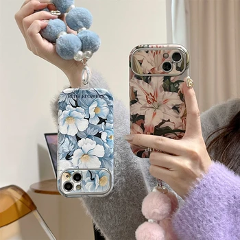 Mėlyna rožinė gėlė Didelis langas Pearl Plush grandinės telefono dangtelio dėklas, skirtas iPhone 15 14 13 12 Pro Max