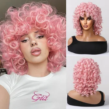 HAIRCUBE Trumpi rožiniai keistoki garbanoti afro perukai su kirpčiukais Giliai banga Natūralūs rožiniai plaukai kasdien Cosplay Karščiui atsparūs pluoštiniai perukai Plaukai