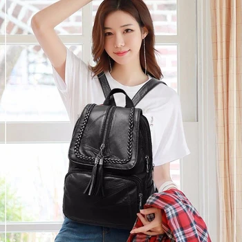 Simple Fashion Bag Zipper European American Fringed Solid Color Backpack Women Black Travel Birthday Gift