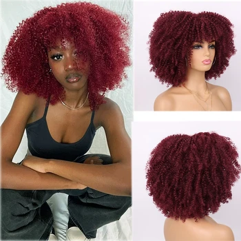 12inches Plaukų priauginimas Perukai moterims Galvos apdangalas Afro Garbanoti perukai Juoda Balta Raudoni sintetiniai perukai Cosplay Perukas Mažas ritinys Mujer