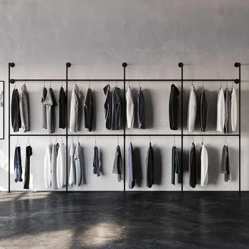 Pramoninių vamzdžių drabužių stovas metalinis juodas - Sieninės drabužių lentynos drabužiams kabinti - Modernus pasivaikščiojimas spintoje