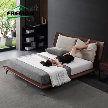 Modernios itališkos odinės dvigulės lovos Namų baldai Minimalistinė minkšta karaliaus/karalienės dydžio lova Minimalistiniai namų baldai