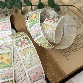 Vintage Bronzing Washi Tape Post Stamp Flowers Masking Tape Dekoratyvinė lipni lipdukų etiketė Scrapbooking Junk Journaling