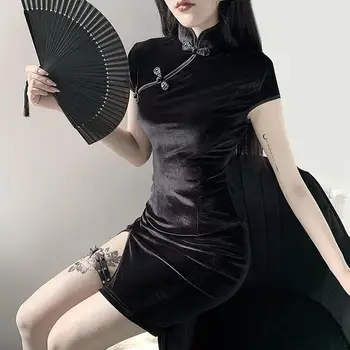 gotikinė suknelė Nauja plona aukšto liemens Cheongsam modifikuota versija Žieminis trumpas sijonas Senovinė vintažinė moteriška gotų suknelė