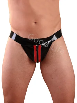 Rankų darbo natūralaus latekso vyrų seksualios boksininko trumpikės latekso guminiai juodi šortai užtrauktukas raudonai dryžuotas