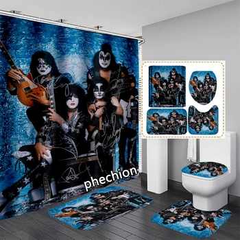 phechion Kiss Band 3D Print Neperšlampamas vonios kambario dušo užuolaida Tualeto dangčio kilimėlis Neslidus grindų kilimėlis (1/3/4Vnt) W74