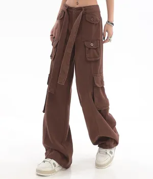 cargo džinsai moteriški nauji aukšto juosmens laisvi laisvalaikio raištelių džinsinės kelnės kelių kišenių mikro plačių kojų džinsinės kelnės