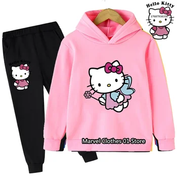 New Girls Kawaii Sanrio Cute Hello Kitty Hoodie Set Autumn Top + Pants Kids 3-14 metų vakarėlis Laisvalaikio sportinis bėgimo kostiumas