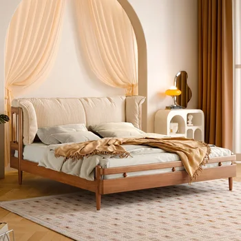 Medžio masyvo lova, kreminio stiliaus baldai, nedidelis vienetas, retro buksmedžio pagrindinis miegamasis, 1,8M minkšta dvigulė lova
