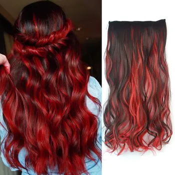 Long Wavy 5 Clip In Hair Extensions Synthetic Hairstyle Hairpiece Red Black Brown 22Inch Natural Fake Hair For Women