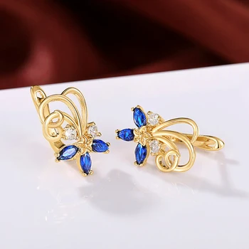 Huitano aukso spalvos mėlyni gėlių auskarai moterims Naujai sukurtas temperamentas Saldūs moteriški auskarų vėrimo reikmenys Gėlių papuošalai