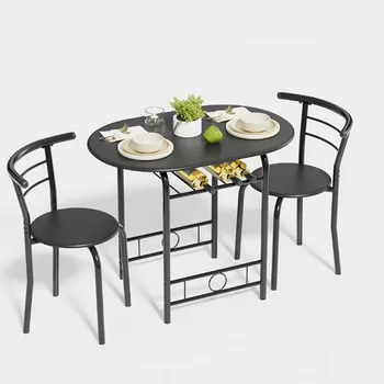 Vineego 3 dalių valgomojo komplektas 2 mažiems virtuvės pusryčių stalo komplektams Vietą taupantis medinės kėdės ir stalo komplektas, juodas