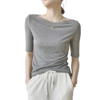 Slash Neck Half Sleeve T-Shirts Plus Size Women Knitted Elegant Simple Tops 2024 Spring Summer Casual Slim Basic Woman marškinėliai