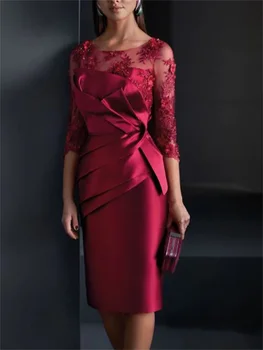 2024 Vakarėlio suknelė Elegantiška Burgundija Homecoming Shealth Scoop Satin Flowers 3/4 rankovė su aplikacijomis فساتين السهرة