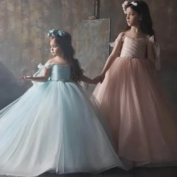 Gėlių mergaitės suknelė nuo pečių blizgučiai krepo karoliukais Diržo lankas Princesė Baby Girl gimtadienio vakarėlis Pirmoji komunija Vestuvinė suknelė