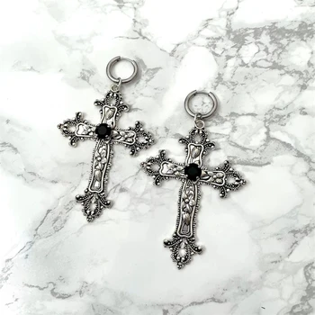 Didelis sidabro spalvos atspalvis Gotikiniai brangakmenių kryžiaus auskarai su juodais pankų rankų darbo papuošalais Puošnus vestuvių pareiškimas Moterys