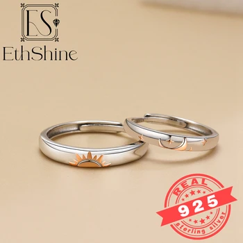 ETHSHINE 925 Sterling Silver Couple Ring Sun Moon Reguliuojami atviri žiedų papuošalai moterims Vyrai Meilužiai Vestuvių metinių dovanos