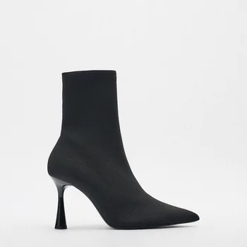 ZA storas kulnas elastinga rankovė rudens ir žiemos moteriški batai, juodos liekninančios vilnonės kojinės ir moteriški batai, smailus kojų pirštų temperamentas