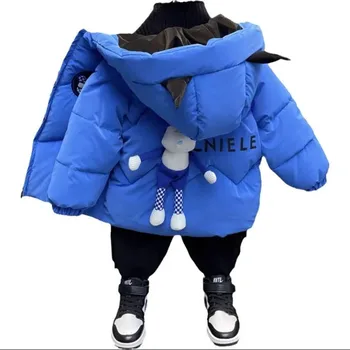 Berniukai' Žemyn medvilninis paltas Žiema sutirštėjo 2023 Naujas vaikų madingas animacinis filmas Šilko siūlas Atgal Lokys Juoda Mėlyna