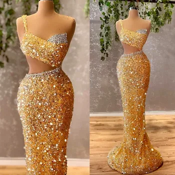 Blizgančios auksinės undinės vakarinės suknelės Giliai V Kaklo klostės ilgomis rankovėmis Prom suknelė Dubajus Afrikos vakarėlių chalatai