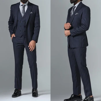 Black Men Suit 3 Pieces Blazer Liemenės kelnės Viengubas krūtinės smailus atlapas Smokingas Verslo Pinstripes Vestuvių jaunikio kostiumas Homme