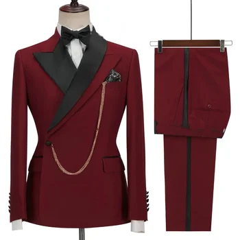 Naujo dizaino dvivietis vyriškas kostiumas su kelnėmis Burgundijos 2 vnt Slim Fit vestuvių kostiumas vakarėlis Prom Blazer vyriški drabužiai