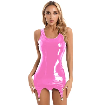 Moteriška blizgi Bodycon suknelė Šlapia išvaizda Lakuotos odos tankų suknelės su metaliniais spaustukais Latekso minidresas Rave Party Naktiniai drabužiai Klubinė apranga