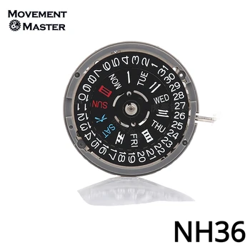 Japonija Naujasis Seiko NH36 judėjimas Dvigubas kalendorius Juodas kalendorius Trys taškai NH36A Mechaninio judesio laikrodžio judėjimo priedai