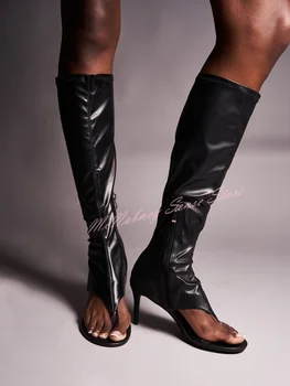 Flip Flops Odiniai sandaliniai batai Stiletto Kulniukai Šoninis Užtrauktukas Kelio aukšti batai Prigludę naujo stiliaus dizainerio moterų seksualūs batai Vasara