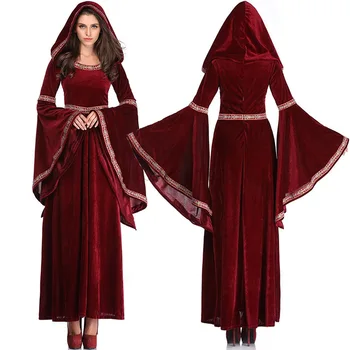 Viduramžių retro Viktorijos laikų suknelė moterims Helovino vakarėlis Vampyrų raganos kostiumas Gobtuvas Raudona Flare rankovė Gobtuvas Ilga suknelė Vestidos