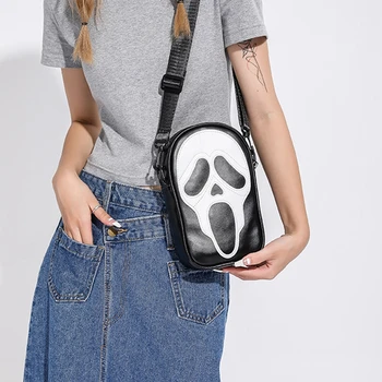 Moterų Helovino pečių krepšys, reguliuojamas dirželis PU odinis kaukolės krepšys užtrauktuku užsegamas rankinė crossbody krepšys