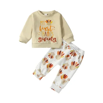 Baby 2 Piece Padėkos dienos apranga Mielas laiškas Turkija Spausdinti džemperis ilgomis rankovėmis ir kelnių rinkinys kūdikių rudens drabužiams