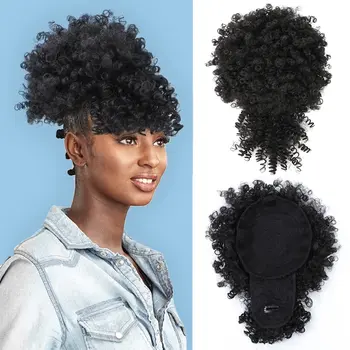 My-Princess S Afro Puff Drawstring Ponytail with Bangs Pineapple Updo Hair for Black Women, Short Kinky Curly Ponytail Bun
