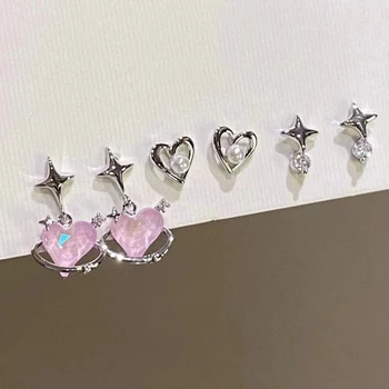 5/6Pcs/Set Heart Stud auskarai Moterų asmenybė Korėjos mada Y2K Pink Crystal Temperament Žvaigždžių auskarai Auskarų vėrimas ausims