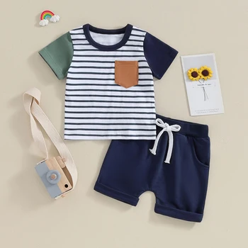 Baby Boy Summer Apranga Patchwork Briaunotas ekipažo kaklas Marškinėliai trumpomis rankovėmis Elastiniai juosmens šortai Kostiumas