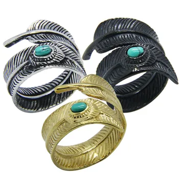 1pc Naujo dizaino žalio akmens plunksnų žiedas 316L nerūdijančio plieno papuošalų juostos vakarėlis Auksinis žiedas